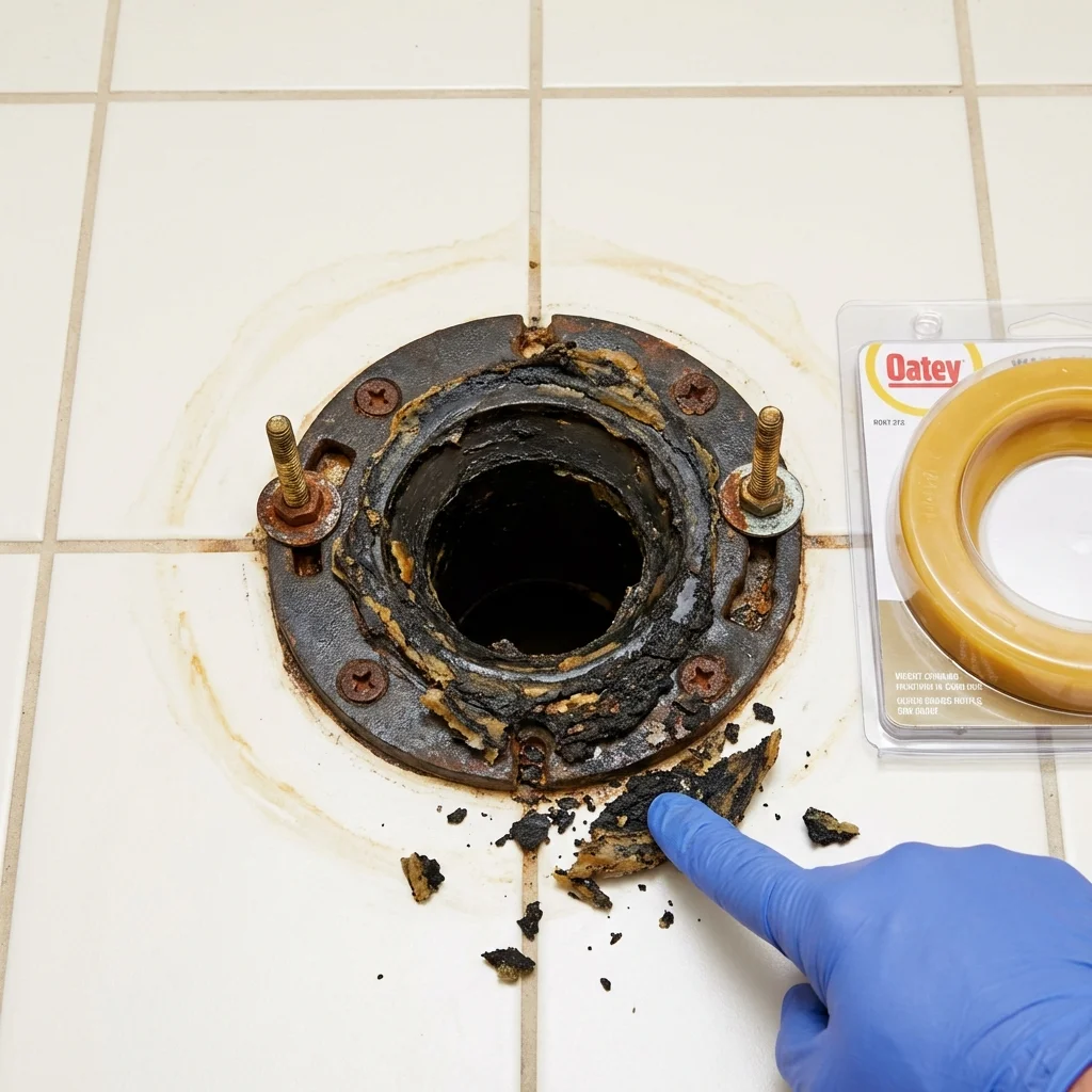 Failed wax ring showing water seepage at the base of a toilet in a Conway, AR home